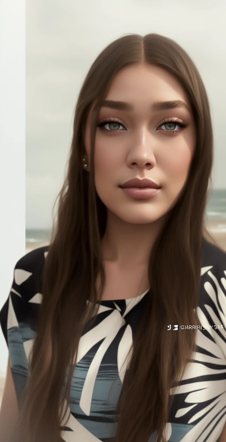 (sharp focus:1.2), photo, attractive young GigiHadid, (beautiful face:1.1), detailed eyes, luscious lips, (cat eye makeup:0.85), (smile:1.2),  wearing (romper:1.2) on a (beach:1.2). depth of field, bokeh, 4K, HDR. by (James C. Christensen:1.2|Jeremy Lipking:1.1).