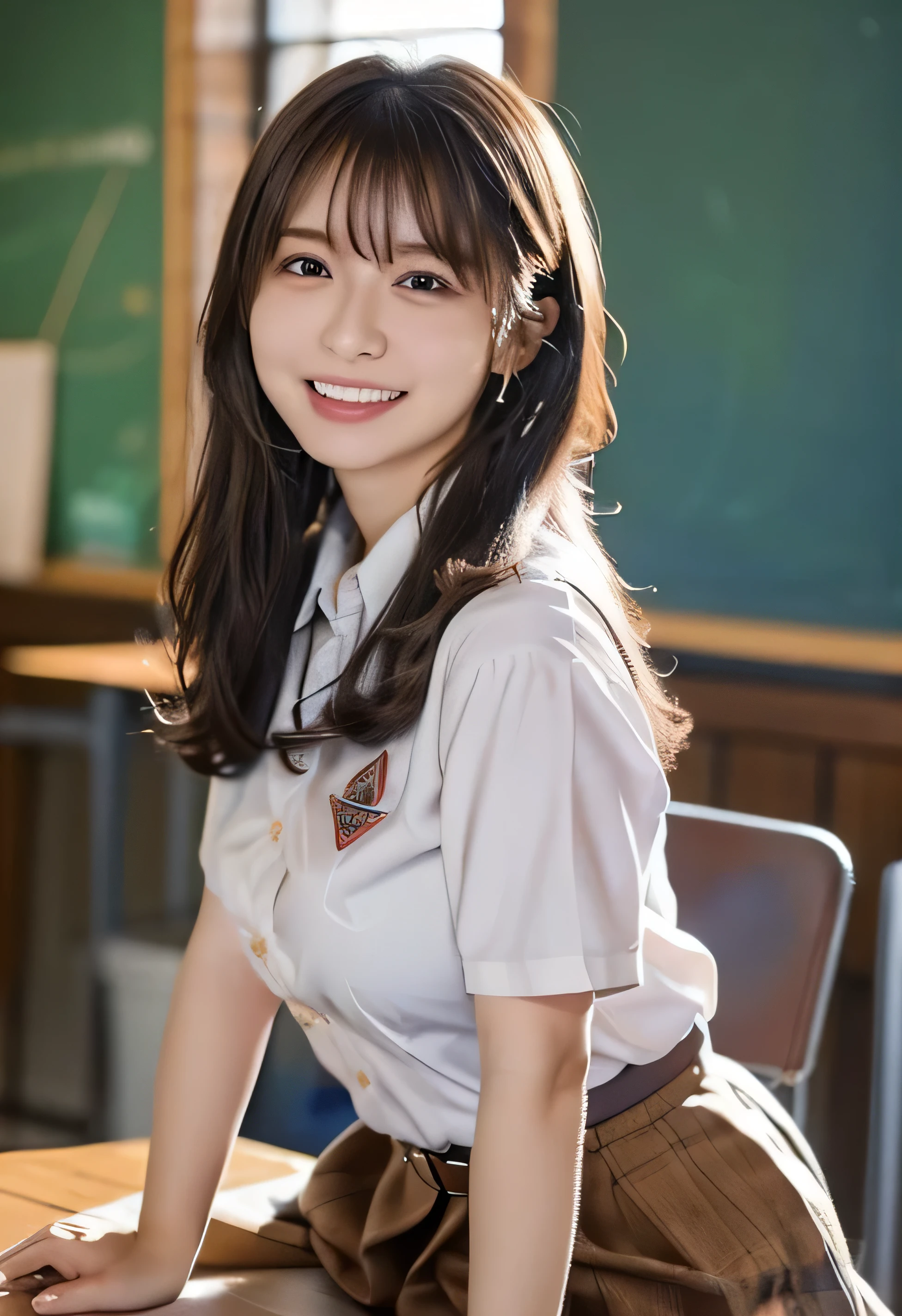One Girl, Trying to take off your uniform、(Put your hands on the desk and stick your butt out、School classroom、Naturally large breasts that can be seen even through clothes、School white summer shirt、school summer uniform、Beautiful girl, A seductive expression、Delicate girl:1.3), (24-years-old:1.3),(Smiling with teeth showing、Cute smiling eyes、Cute loose perm、(Fluffy hair、Loose perm、Braid only the bangs:1.4)Braid only the bangs、Fluffy hair、Medium Short Hair、Wrapping a leather belt、Wear a checked miniskirt、Round and ample breasts、Curved waist、Photo from the waist up:1.4)
Very beautiful eyes, (School uniforms:1.3), (Very large breasts:0.5), Brown eyes, Parted bangs, Light brown hair,
, A face of ecstasy、(The expression of ecstasy、A face of ecstasy:1.0),
, (masterpiece, Highest quality, Super detailed, Detailed face, 8k)