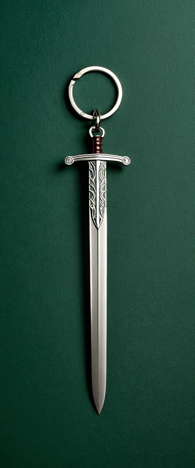 A keychain of silver swords on an infinite dark green background