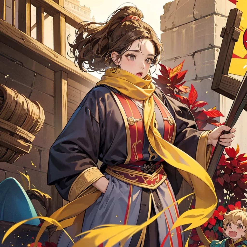 one, Harry Potter. adult woman, with overweight, afro chinese hair tied in a ponytail, dark blonde, Brown eyes, Griffyndor, Magic wand, yellow scarf with red stripes, black and gray