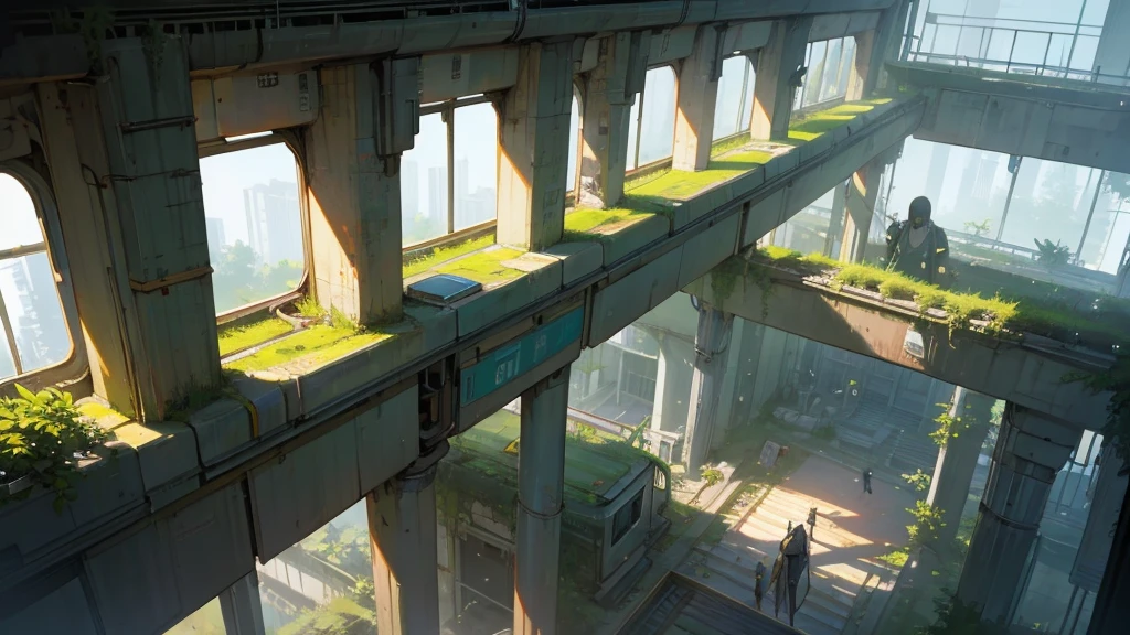 make a large hall seen from above. a canary from an abandoned futuristic train station being taken over by plants