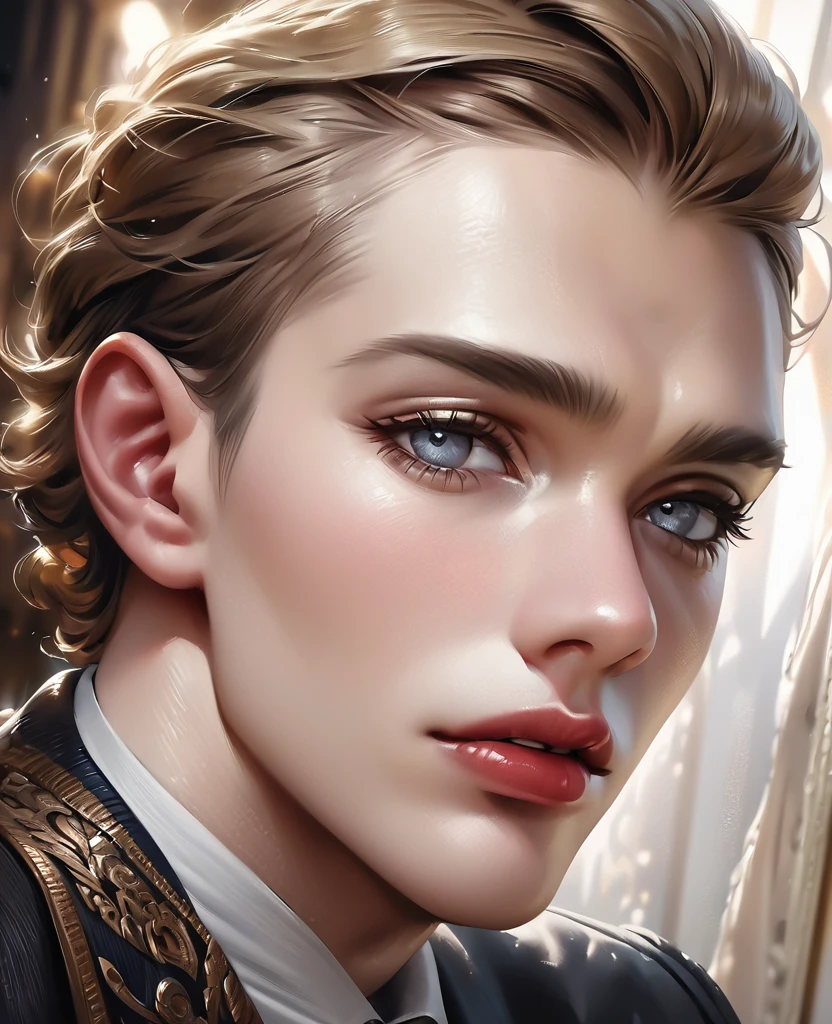 a young man, 17 years old, with faded yellow hair and grey pupil eyes, wearing a royal suit, detailed portrait, highly detailed face, beautiful detailed eyes, beautiful detailed lips, extremely detailed eyes and face, long eyelashes, (best quality,4k,8k,highres,masterpiece:1.2),ultra-detailed,(realistic,photorealistic,photo-realistic:1.37),studio lighting,ultra-fine painting,sharp focus,professionally rendered,vivid colors,dramatic lighting,regal,ornate,intricate details,royal portrait