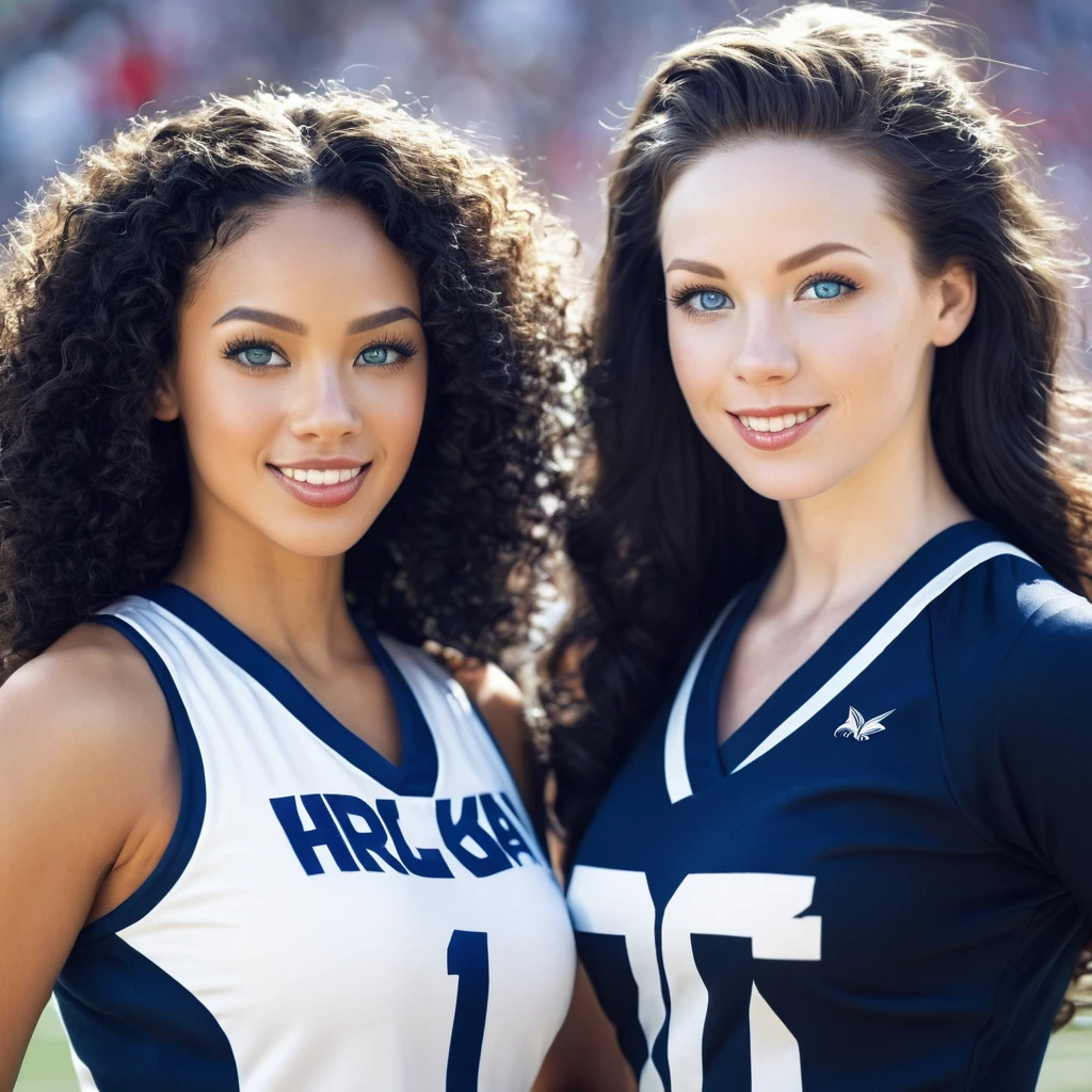 1 beautiful biracial woman with blue eyes and 1 beautiful white woman black hair, in cheerleaders jersey, large breast
