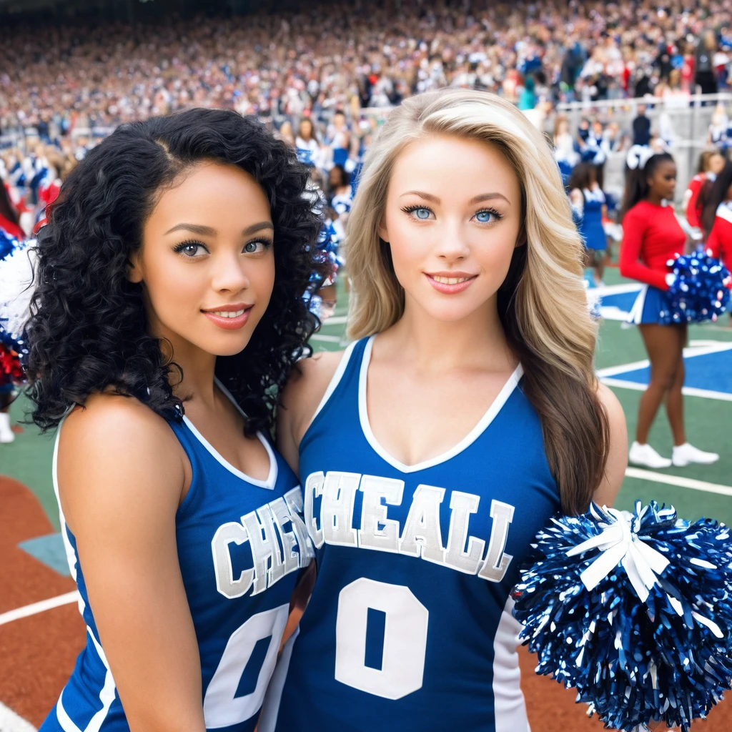 1 beautiful biracial woman with blue eyes and 1 beautiful white woman black hair, in cheerleaders jersey, large breast