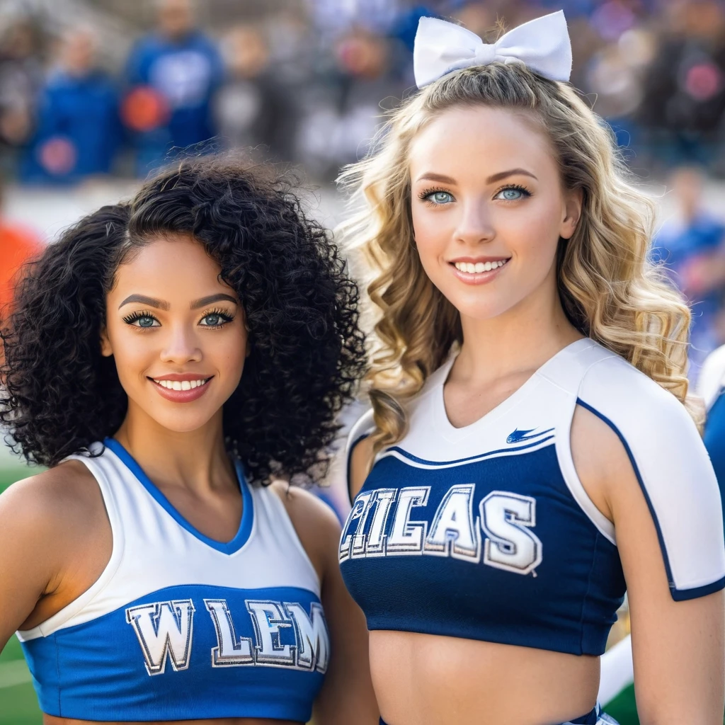 1 beautiful biracial woman with blue eyes and 1 beautiful white woman black hair, in cheerleaders jersey, large breast
