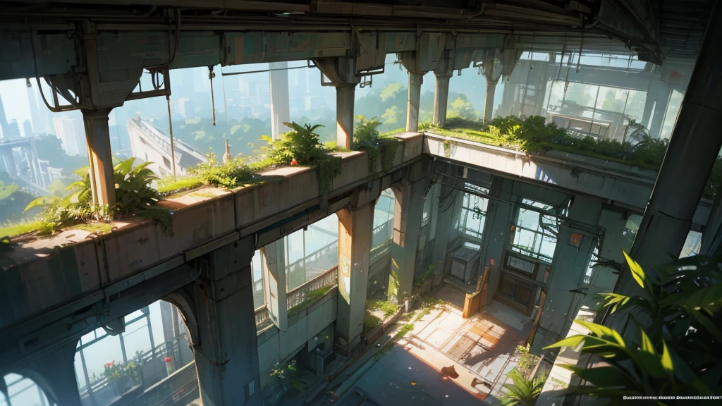 make a large hall seen from above. a canary from an abandoned futuristic train station being taken over by plants