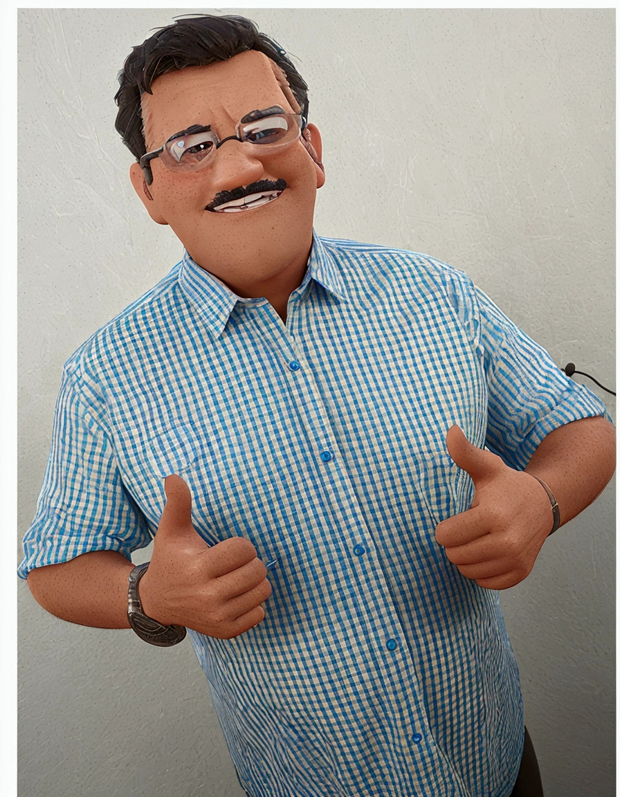 Cartoon character of a man in black glasses and blue shirt, an animated character, stylized character, animation style rendering, 3d stylized, Arnold Maya rendering, Stylized 3D rendering, toon render screenshot, 3d character, 3d character, Stylized 3D rendering, 3D character rendering, cartoon character, Personagem de close up, character posing, (Pixar-style) (master part:1.2) (bokeh) (best qualityer) (skin detailed) (detailed texture) (8k) (Argilla) (cinematic lighting) (sharp focus,Sit down and lift your upper body