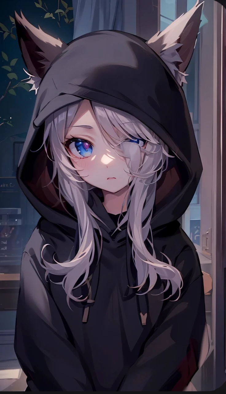 catgirl, 1gir, cat ears, ((cute)), masterpiece, best quality, perfect face, hoodie, hood, looking up, high angle, smal, furr, cozy, warm, window, night, long hoodie, no_pants, 4k, wallpaper, close up, digital art, anime style, beautiful eyes, intimate