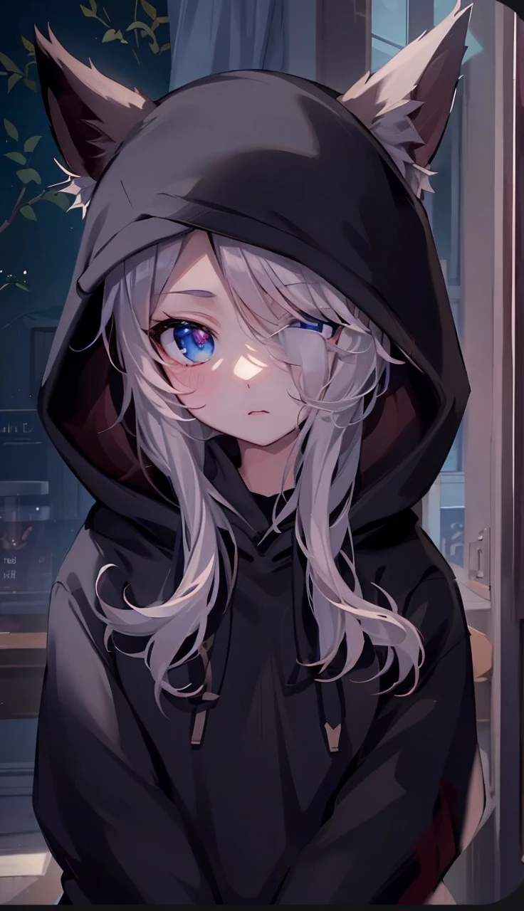 catgirl, 1gir, cat ears, ((cute)), masterpiece, best quality, perfect face, hoodie, hood, looking up, high angle, smal, furr, cozy, warm, window, night, long hoodie, no_pants, 4k, wallpaper, close up, digital art, anime style, beautiful eyes, intimate