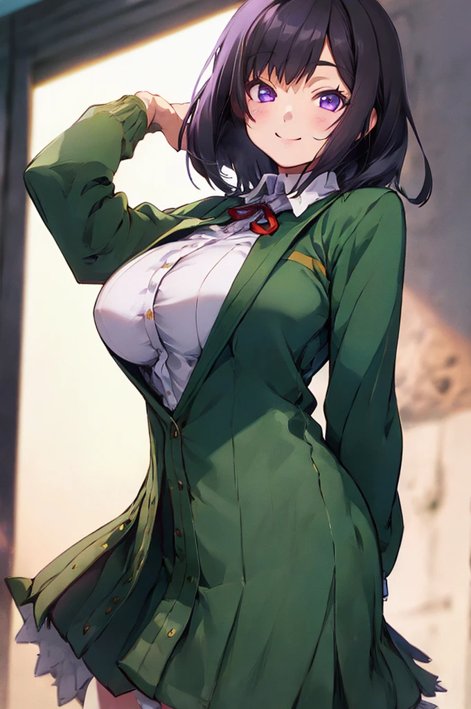 1girl, koichoco , green jacket,  large breasts,  breasts,  black hair,  (medium hair:1.2) , purple eyes,  smile , cowboy shot  