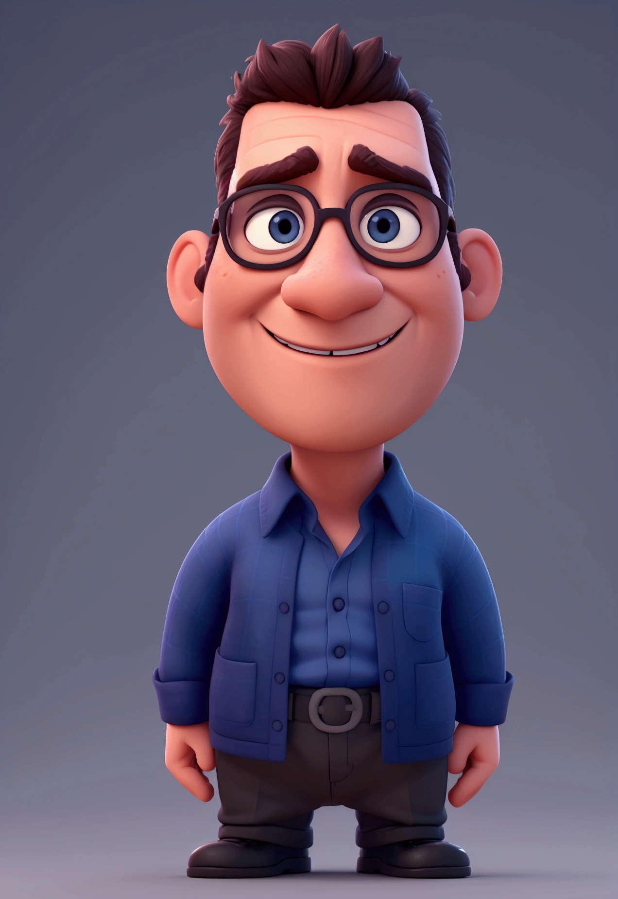 Cartoon character of a man in black glasses and blue shirt, an animated character, stylized character, animation style rendering, 3d stylized, Arnold Maya rendering, Stylized 3D rendering, toon render screenshot, 3d character, 3d character, Stylized 3D rendering, 3D character rendering, cartoon character, Personagem de close up, character posing, (Pixar-style) (master part:1.2) (bokeh) (best qualityer) (skin detailed) (detailed texture) (8k) (Argilla) (cinematic lighting) (sharp focus，Sit down and lift your upper body