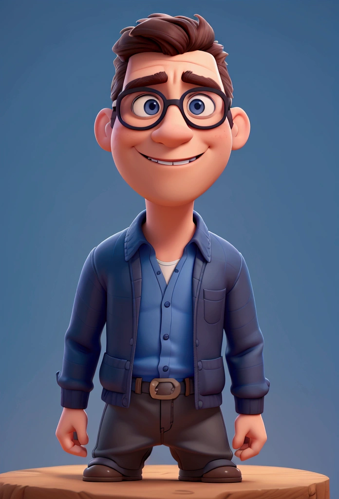 Cartoon character of a man in black glasses and blue shirt, an animated character, stylized character, animation style rendering, 3d stylized, Arnold Maya rendering, Stylized 3D rendering, toon render screenshot, 3d character, 3d character, Stylized 3D rendering, 3D character rendering, cartoon character, Personagem de close up, character posing, (Pixar-style) (master part:1.2) (bokeh) (best qualityer) (skin detailed) (detailed texture) (8k) (Argilla) (cinematic lighting) (sharp focus,Sit down and lift your upper body
