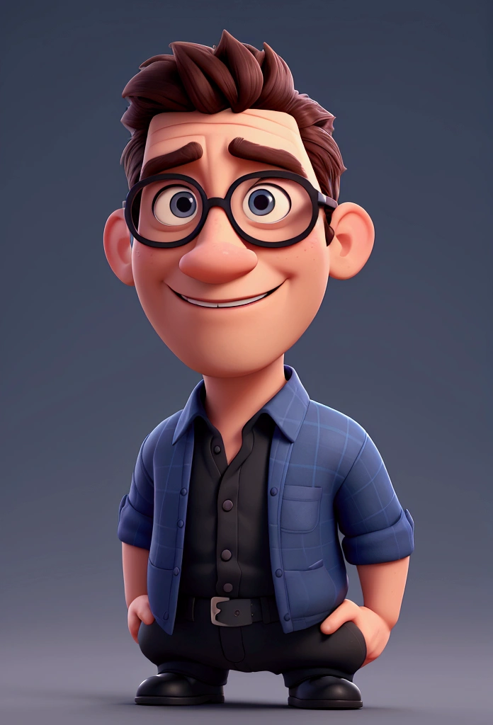 Cartoon character of a man in black glasses and blue shirt, an animated character, stylized character, animation style rendering, 3d stylized, Arnold Maya rendering, Stylized 3D rendering, toon render screenshot, 3d character, 3d character, Stylized 3D rendering, 3D character rendering, cartoon character, Personagem de close up, character posing, (Pixar-style) (master part:1.2) (bokeh) (best qualityer) (skin detailed) (detailed texture) (8k) (Argilla) (cinematic lighting) (sharp focus，Sit down and lift your upper body