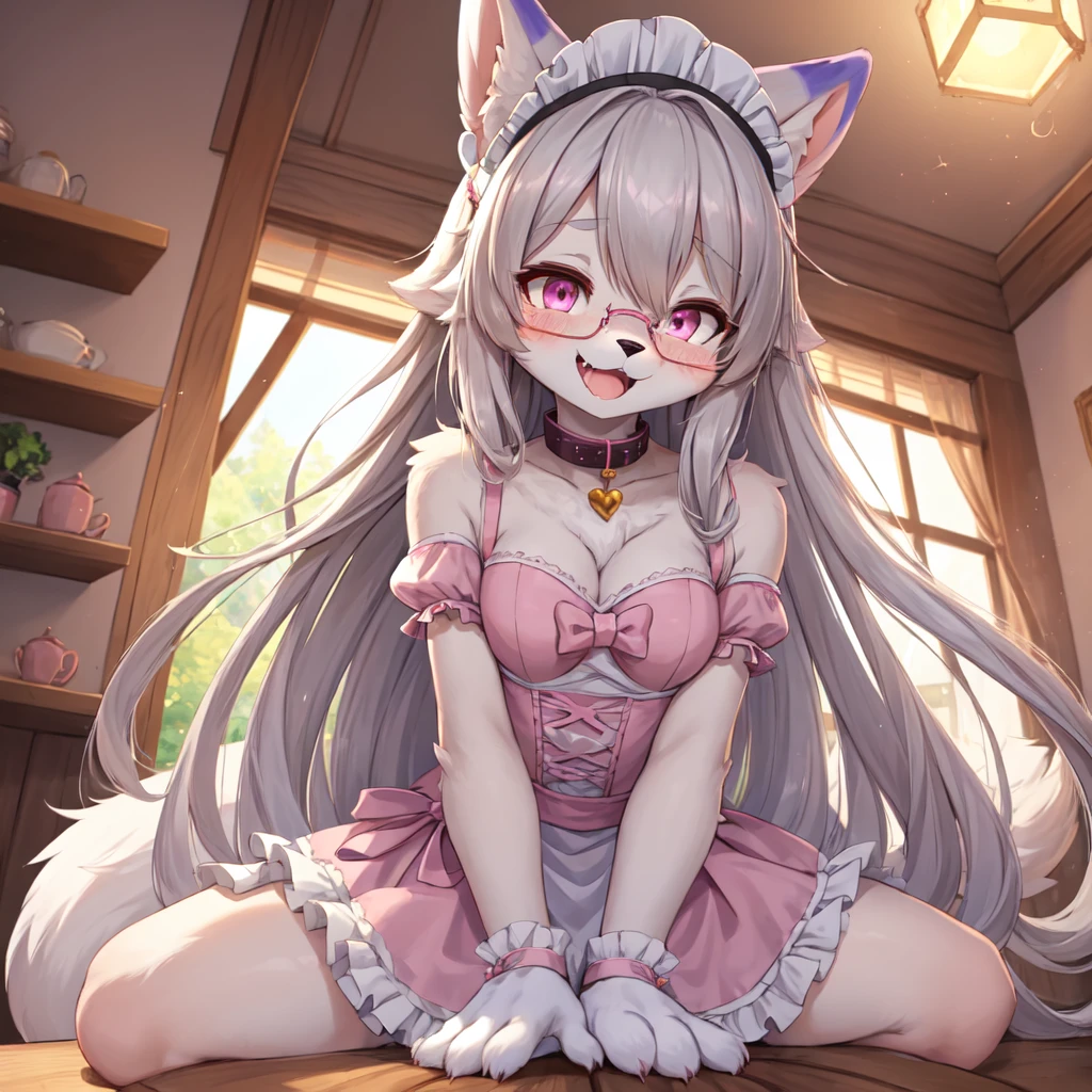 beautiful illustration, best quality, cute girl, bedroom, pastel color, fluffy bunny ears, , silver long hair, rabbit stuffed toy, bright lighting, light pink eyes, cuerpo muy voluntuoso, senos grandes, trasero grande, caderas anchas, hermosa, tiene cara de una niña. best quality,best resolution,(fluffy anthro furry :1.6),(young :1.6),cat girl,small breasts,light grey hair,long hair,wavy hair,curvy hair,light grey fur,pink eyes,glistering eyes,sparkle eyes,circle glasses,heart collar,maid outfit,maid headdress,maid gloves,ruffles,beautiful cafe,white light,looking at viewer,full face blush,horny face,smile,heart eyes,heart expression eyes,open mouth,straddle viewer,girl on top,low angle,front view,heavy breath,hands on viewer