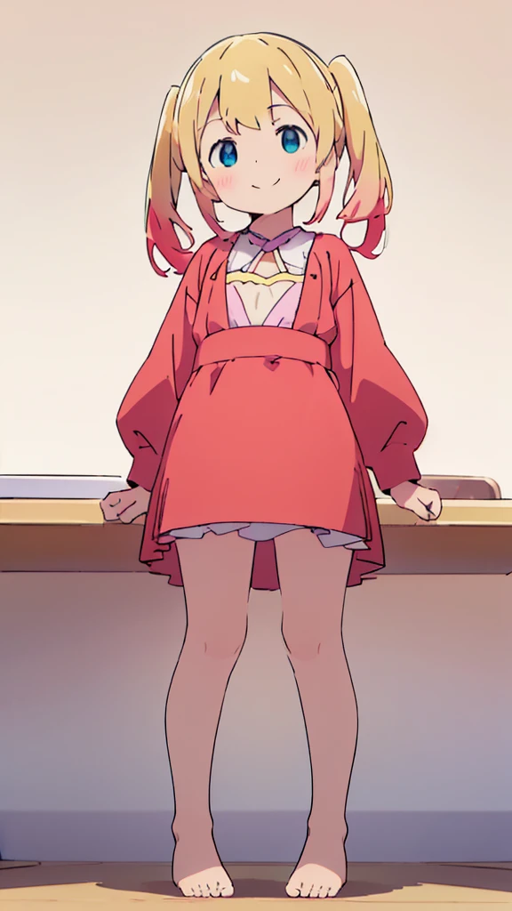 ((masterpiece))((Highest quality))girl、smile、blush、Flat Chest、Are thin、Blonde Hair、blush、Are standing、Whole body image、Eye level to the feet、front、No background、真frontのアングル、Blue clothes、Red and yellow two-tone hair、Twin tails、Red Alice outfit