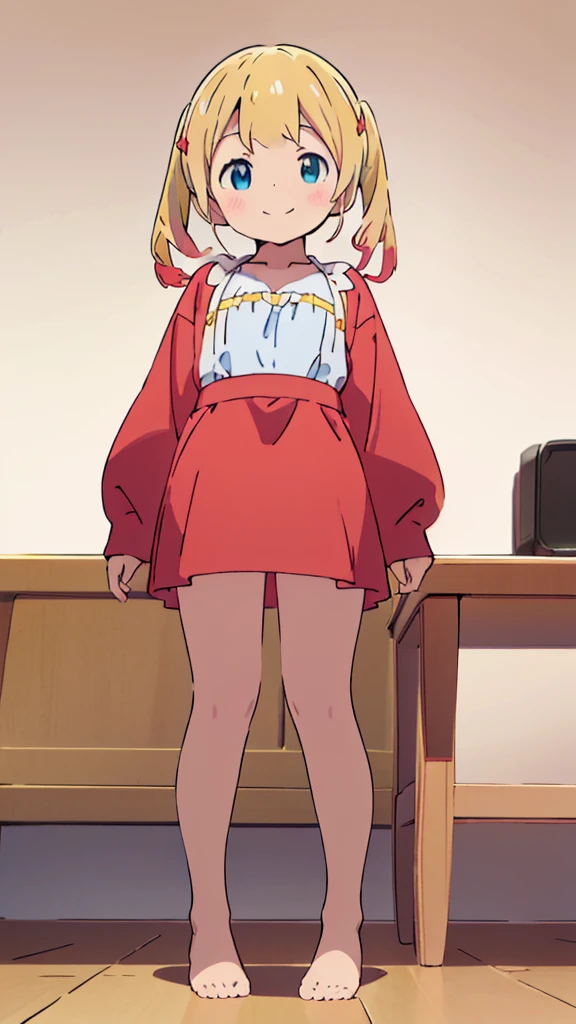 ((masterpiece))((Highest quality))girl、smile、blush、Flat Chest、Are thin、Blonde Hair、blush、Are standing、Whole body image、Eye level to the feet、front、No background、真frontのアングル、Blue clothes、Red and yellow two-tone hair、Twin tails、Red Alice outfit