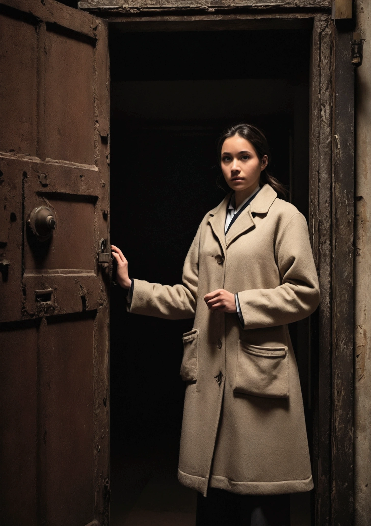 Image Style: realistic and detailed
"Ana, A young nurse, is captured opening a rusty iron door. She is dressed in a thick wool coat, suitable for a cold night. The door emits a high-pitched sound that echoes through the empty, dark hallways.. The hallway is lit only by the dim light of a flashlight that Ana holds., revealing peeling walls and a creaky wooden floor, creating a sense of mystery and suspense."
