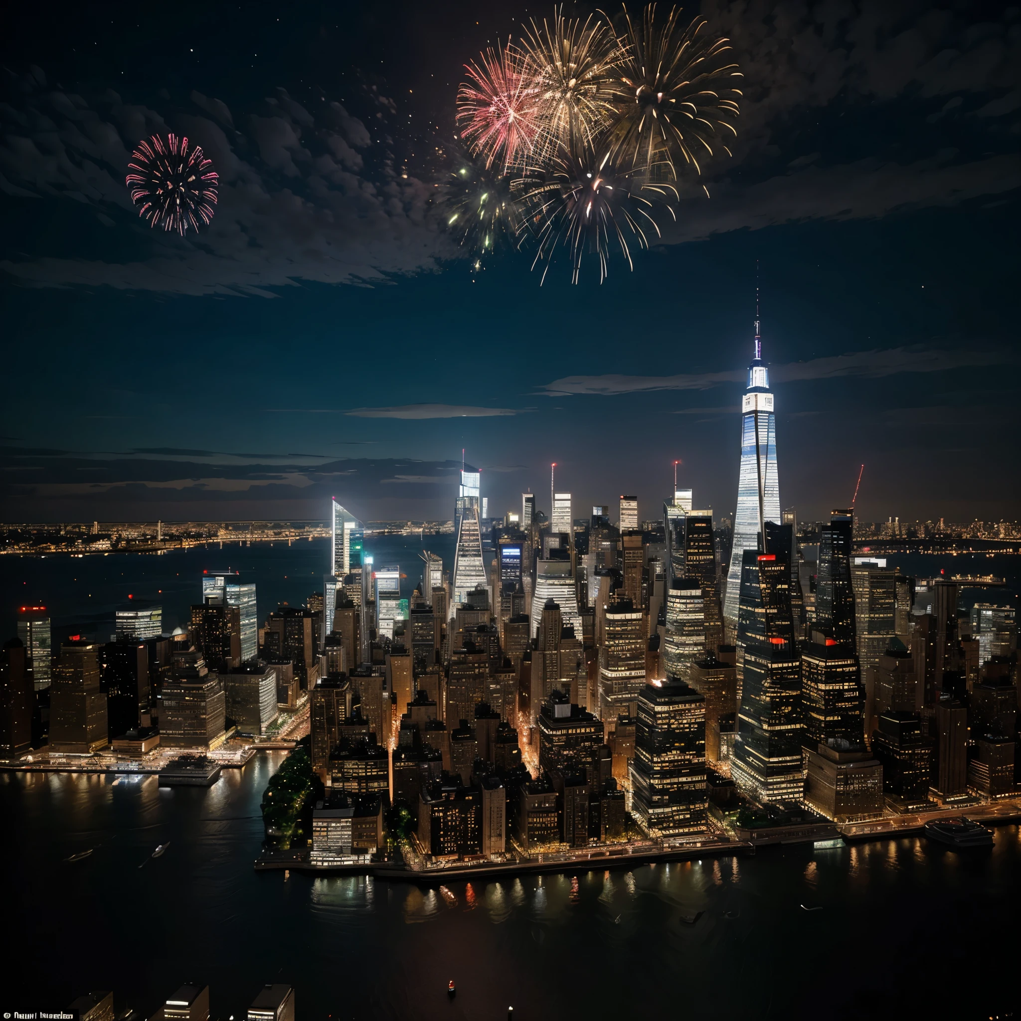 Fireworks light up the sky over a city skyline at night - SeaArt AI