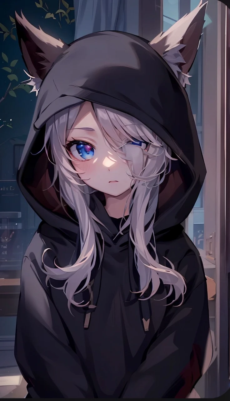 catgirl, 1gir, cat ears, ((cute)), masterpiece, best quality, perfect face, hoodie, hood, looking up, high angle, smal, furr, cozy, warm, window, night, long hoodie, no_pants, 4k, wallpaper, close up, digital art, anime style, beautiful eyes, intimate
