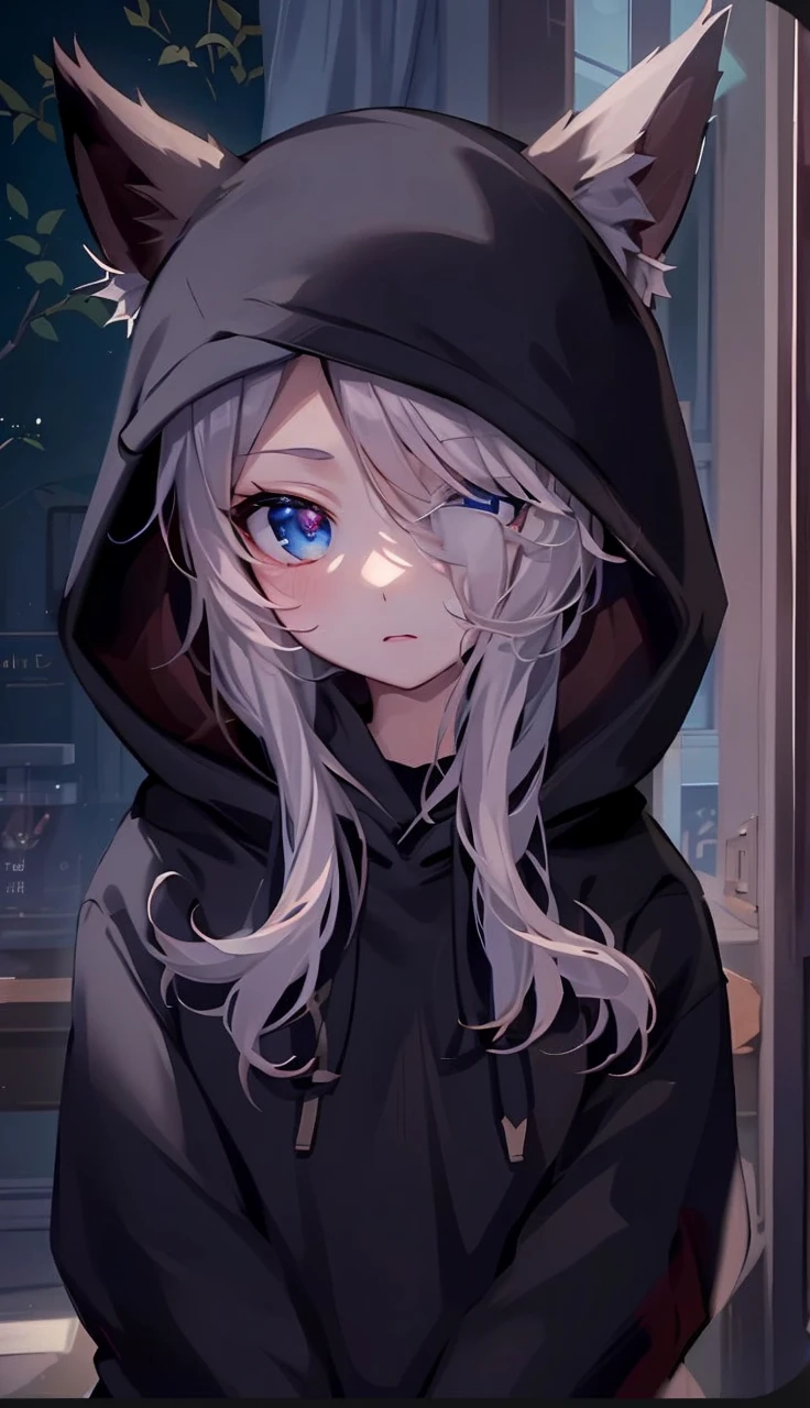 catgirl, 1gir, cat ears, ((cute)), masterpiece, best quality, perfect face, hoodie, hood, looking up, high angle, smal, furr, cozy, warm, window, night, long hoodie, no_pants, 4k, wallpaper, close up, digital art, anime style, beautiful eyes, intimate