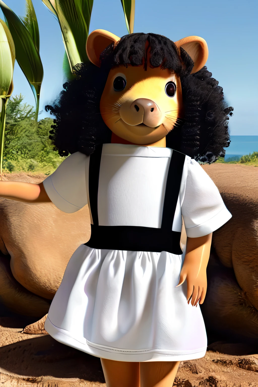 Capybara with human curly hair,With dress Black