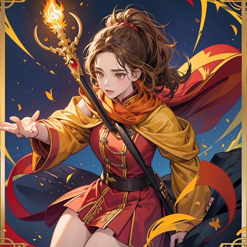 one, Harry Potter. adult woman, with overweight, afro chinese hair tied in a ponytail, dark blonde, Brown eyes, Griffyndor, Magic wand, yellow scarf with red stripes, witch costume