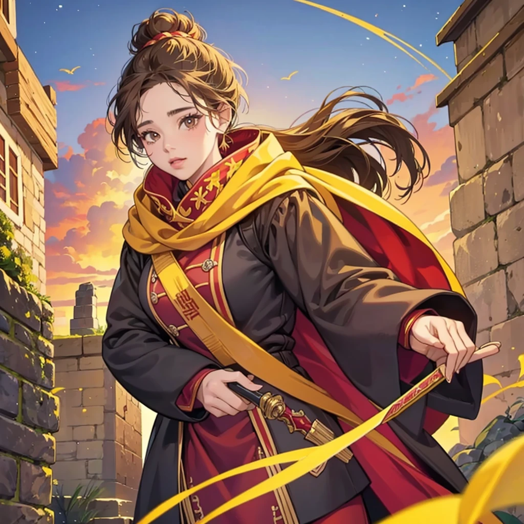one, Harry Potter. adult woman, with overweight, afro chinese hair tied in a ponytail, dark blonde, Brown eyes, Griffyndor, Magic wand, yellow scarf with red stripes, witch costume