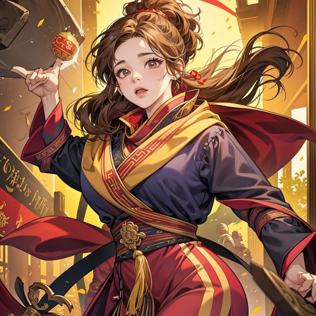 one, Harry Potter. adult woman, with overweight, afro chinese hair tied in a ponytail, dark blonde, Brown eyes, Griffyndor, Magic wand, yellow scarf with red stripes, witch costume