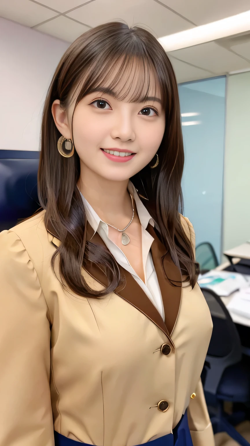 Highest quality:1.2), RAW Photos, High resolution, Very detailed, Intricate details, Wavy Hair、、ear piercing、smile、Beautiful teeth alignment、Brown Hair(Front view, ), Clear beauty, Standing in office room, Upper Body, (High quality fabric, Office Lady Suit 、Necklace around the neck、, The background is the office