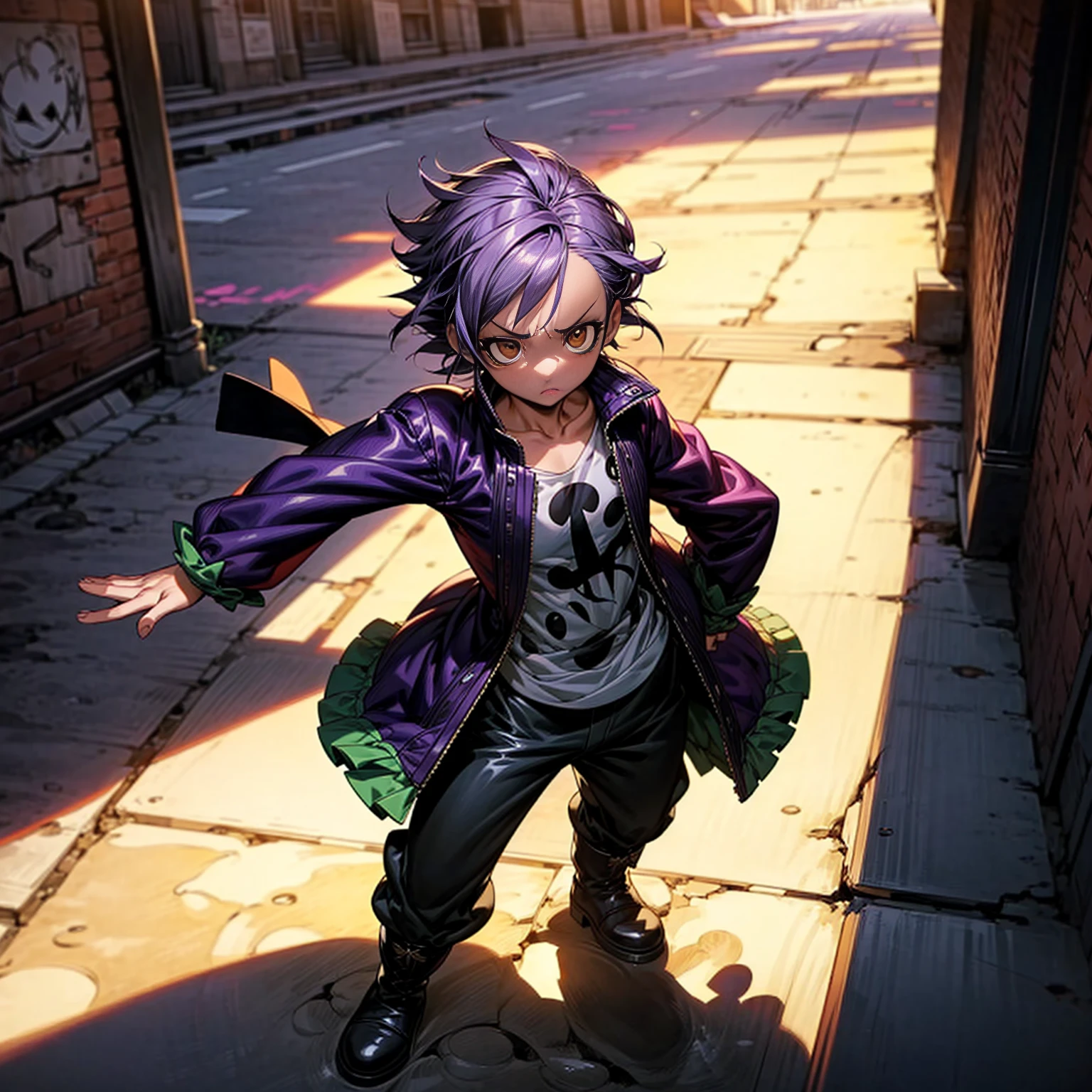 1character, full body version, character is  version, hazel eyes, dark purple colour hair, Shaggy hairstyle, clothing style is punk, boots, Grassroots background in city, motion blur, shadow, standing gesture, (one piece style art)