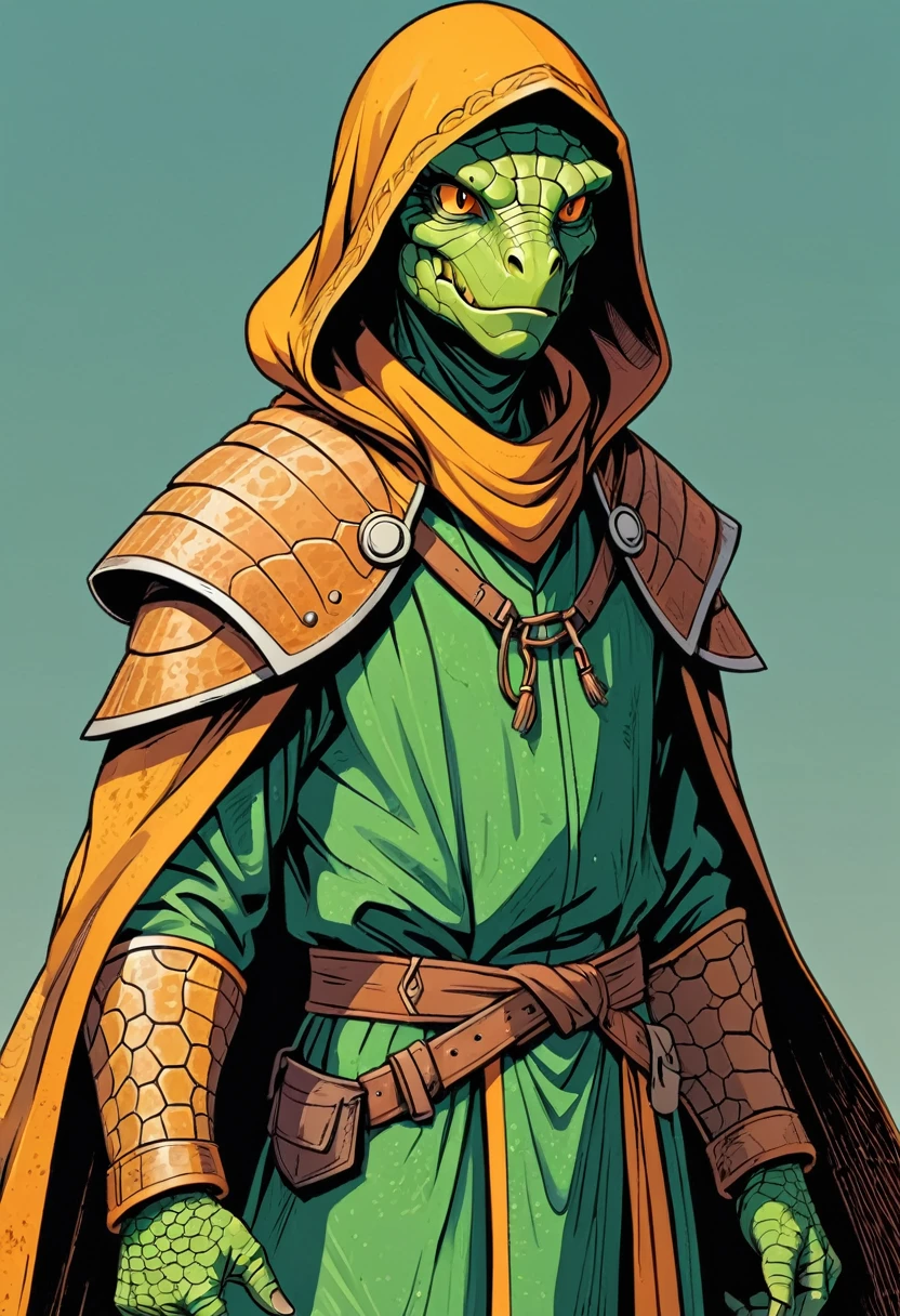 , flat colors style, bold sharp lines, cell shading, graphic novel flat colors style, cropped detail, fine intricate lineart, hatched shadows, a copper scaled reptile, with slitted amber eyes. He wears tattered robes and hood.