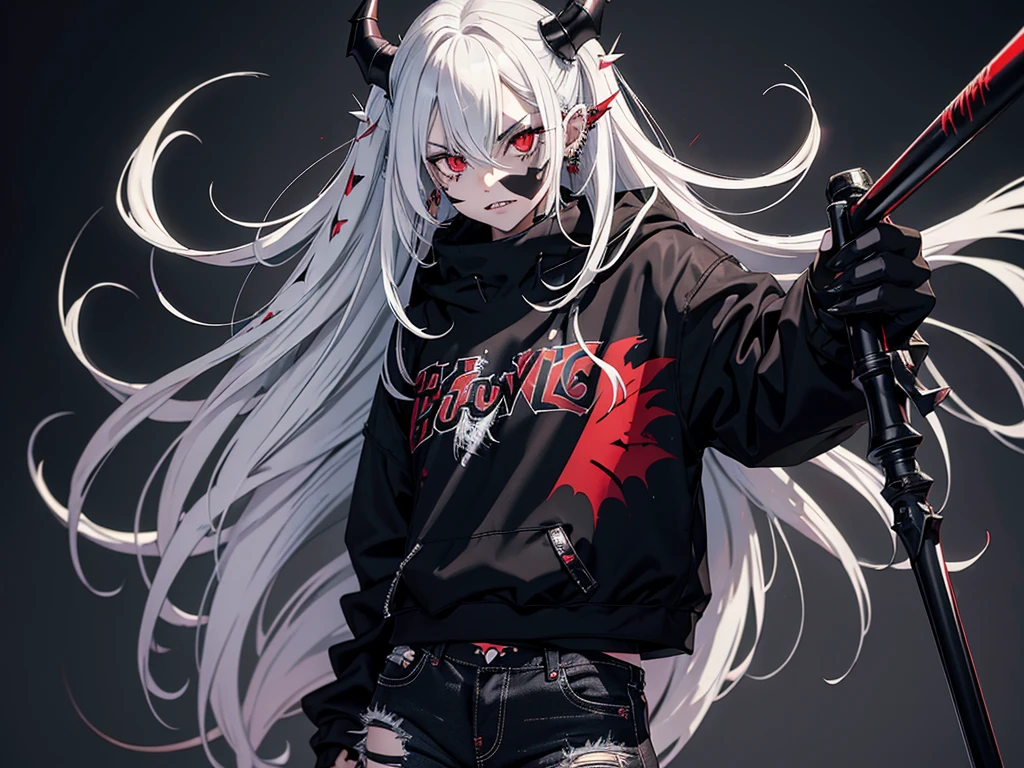 1girl, messy spiky white long hair, red eyes, septum piercing, eyebrow piercing, vampire fangs, ear piercings, wearing black punk jacket, wearing black baggy jeans, bat wings, black horns, wielding scythe, high res, ultrasharp, 8k, masterpiece, looking at viewer