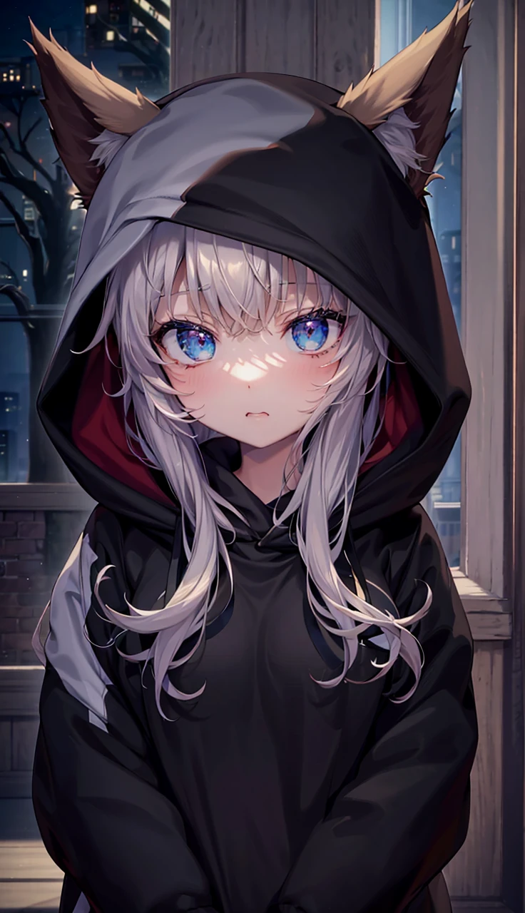 catgirl, 1gir, cat ears, ((cute)), masterpiece, best quality, perfect face, hoodie, hood, looking up, high angle, smal, furr, cozy, warm, window, night, long hoodie, no_pants, 4k, wallpaper, close up, digital art, anime style, beautiful eyes, intimate