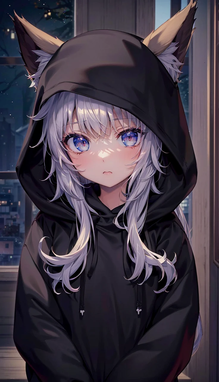 catgirl, 1gir, cat ears, ((cute)), masterpiece, best quality, perfect face, hoodie, hood, looking up, high angle, smal, furr, cozy, warm, window, night, long hoodie, no_pants, 4k, wallpaper, close up, digital art, anime style, beautiful eyes, intimate