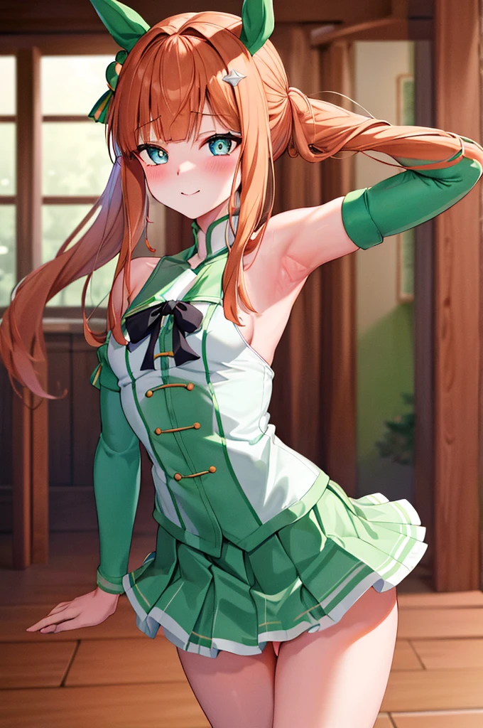 Silence Suzuka、blush,smile、Horse Girl、Green costume、In uniform、Primary school students、The back is very small、ta、Small breasts、Please show me your armpits、exterior: 12 yulder Bare、The clavicle is visible、Sexy thighs、Beautiful legs、Usual hairstyle、highest quality, High resolution, unity 8k wallpaper, (shape:0.8), (Beautiful and beautiful eyes:1.6), Highly detailed face, Perfect lighting, Highly detailed CG, (Perfect hands, Perfect Anatomy),(((vaginal,sex)))