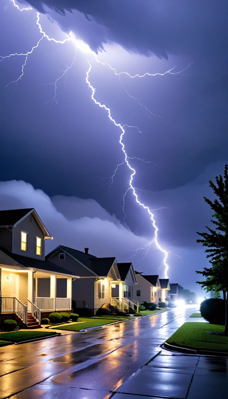 American suburbia at night, a big storm falling