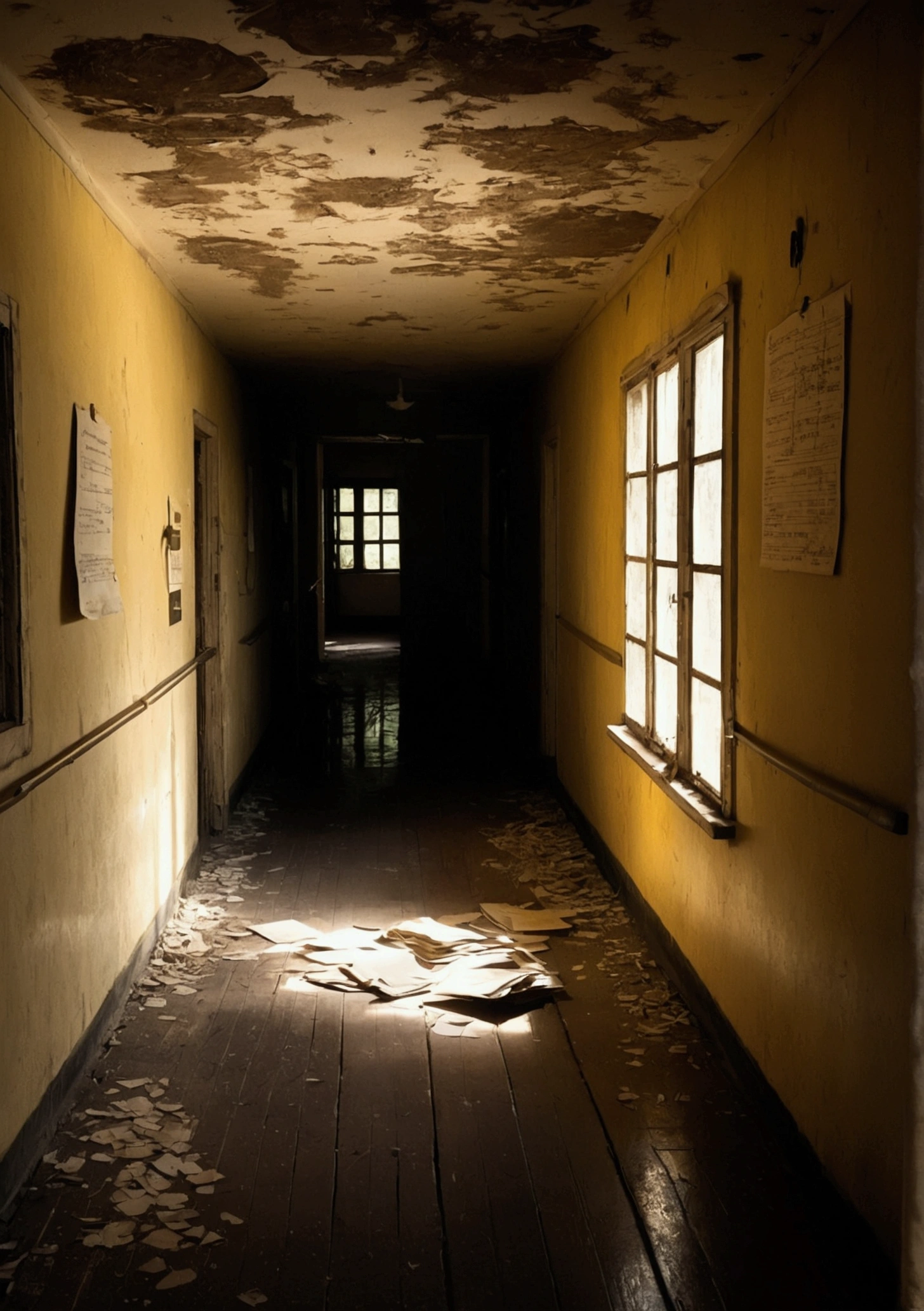 Image Style: Horror photography
"The interior of the sanatorium is shown in a long, shadowy hallway, with old medical records scattered across the dusty floor. The yellowed and worn paper contrasts with the dark wooden floor. in the spotlight, a black and white photo of a , attached to one of the documents, with message handwritten in faded red ink: 'She never left here.' The scene is darkly lit, with deep shadows accentuating the feeling of abandonment and terror."