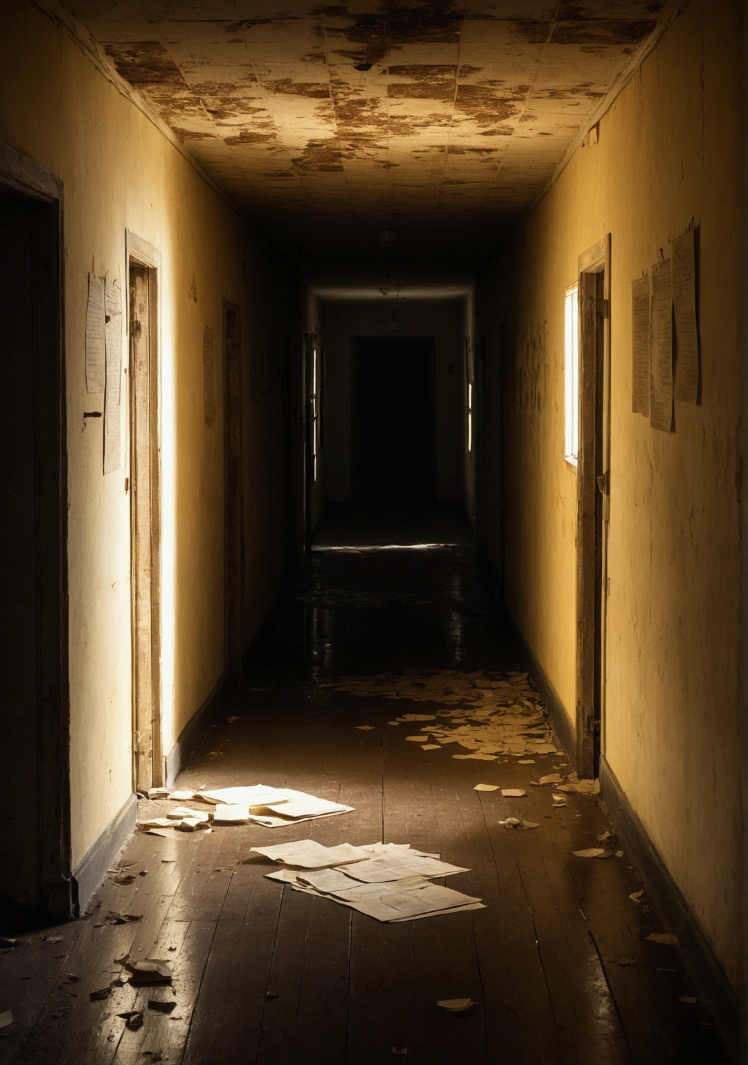 Image Style: Horror photography
"The interior of the sanatorium is shown in a long, shadowy hallway, with old medical records scattered across the dusty floor. The yellowed and worn paper contrasts with the dark wooden floor. in the spotlight, a black and white photo of a , attached to one of the documents, with message handwritten in faded red ink: &#39;She never left here.&#39; The scene is darkly lit, with deep shadows accentuating the feeling of abandonment and terror."