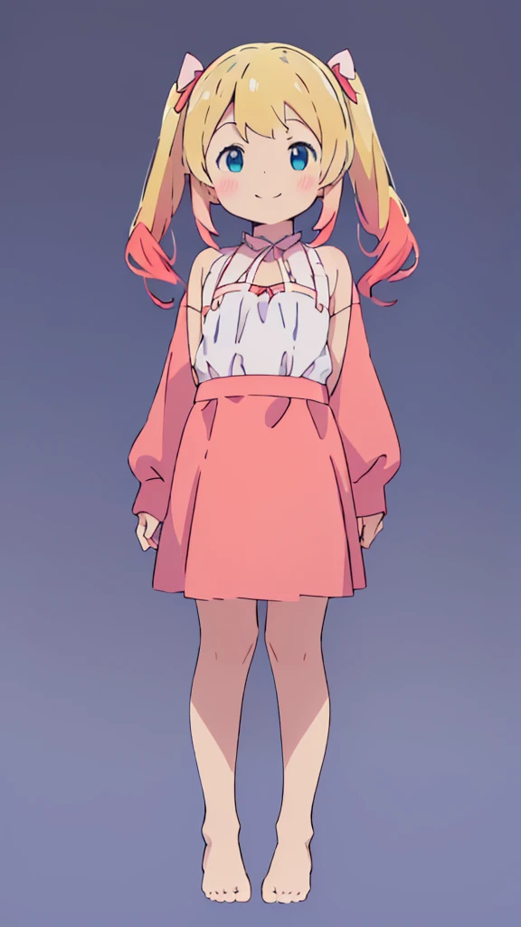((masterpiece))((Highest quality))girl、smile、blush、Flat Chest、Are thin、Blonde Hair、blush、Are standing、Whole body image、Eye level to the feet、front、No background、真frontのアングル、Blue clothes、Red and yellow two-tone hair、Twin tails、Red Alice outfit