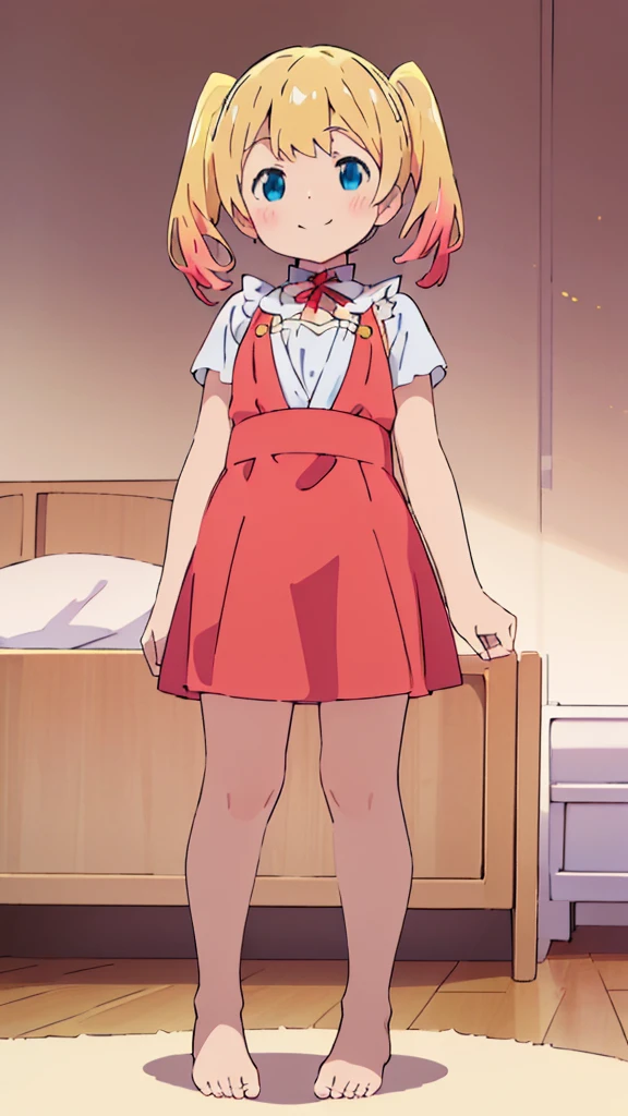 ((masterpiece))((Highest quality))girl、smile、blush、Flat Chest、Are thin、Blonde Hair、blush、Are standing、Whole body image、Eye level to the feet、front、No background、真frontのアングル、Blue clothes、Red and yellow two-tone hair、Twin tails、Red Alice outfit