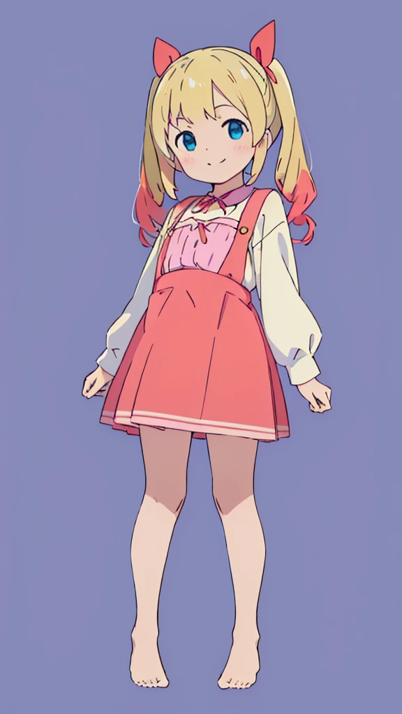 ((masterpiece))((Highest quality))girl、smile、blush、Flat Chest、Are thin、Blonde Hair、blush、Are standing、Whole body image、Eye level to the feet、front、No background、真frontのアングル、Blue clothes、Red and yellow two-tone hair、Twin tails、Red Alice outfit