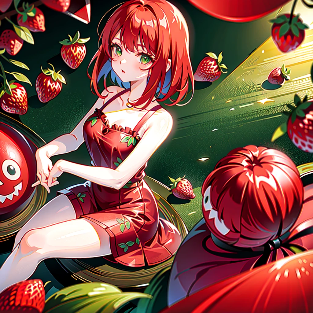 A red-haired girl, with green eyes, dressed in a strawberry print