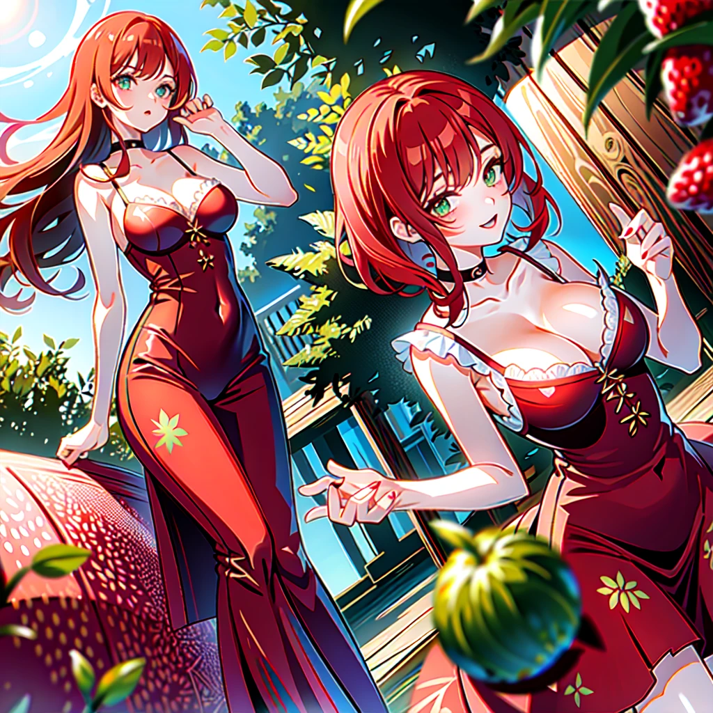 A red-haired girl, with green eyes, dressed in a strawberry print