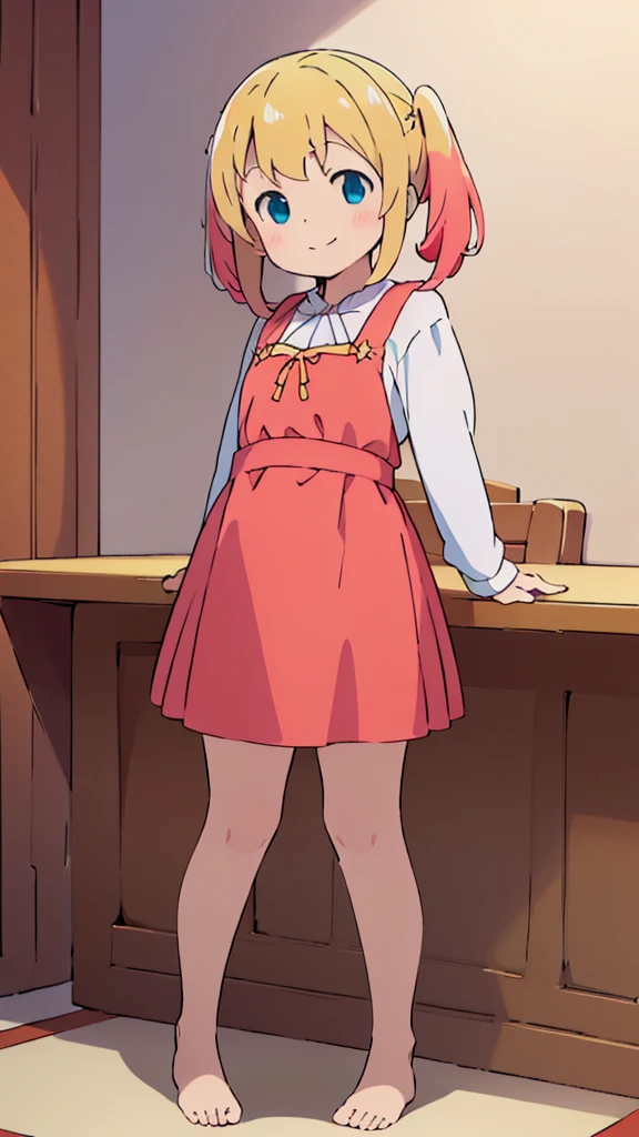 ((masterpiece))((Highest quality))girl、smile、blush、Flat Chest、Are thin、Blonde Hair、blush、Are standing、Whole body image、Eye level to the feet、front、No background、真frontのアングル、Blue clothes、Red and yellow two-tone hair、Twin tails、Red Alice outfit