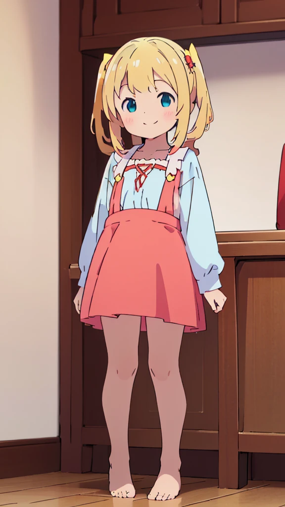 ((masterpiece))((Highest quality))girl、smile、blush、Flat Chest、Are thin、Blonde Hair、blush、Are standing、Whole body image、Eye level to the feet、front、No background、真frontのアングル、Blue clothes、Red and yellow two-tone hair、Twin tails、Red Alice outfit
