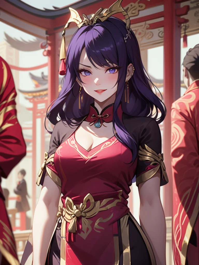 score_9, score_8_up, score_7_up, score_6_up, score_5_up, score_4_up, Raiden shogun, purple eyes, purple long hair, tied hair, hair in a bun, hairpin, traditional Chinese red wedding hanfu dress, Yourqipao Red Embroidery Chinese Xiuhe Hanfu Women's Satin Cheongsam Ancient Traditional Chinese Bride, Wedding Dress, Long Dresses, Long Earrings, Red Lipstick, Detailed Eyes, Traditional Wear, Sexy Attractive, Hot, Traditional, Smiling Wide, Happy, Blush, Gold Jewelry, Gold Earrings, Gold Headpiece and Ring, Gold Necklace, Gold Trimmed hanfu, beautiful bride.
