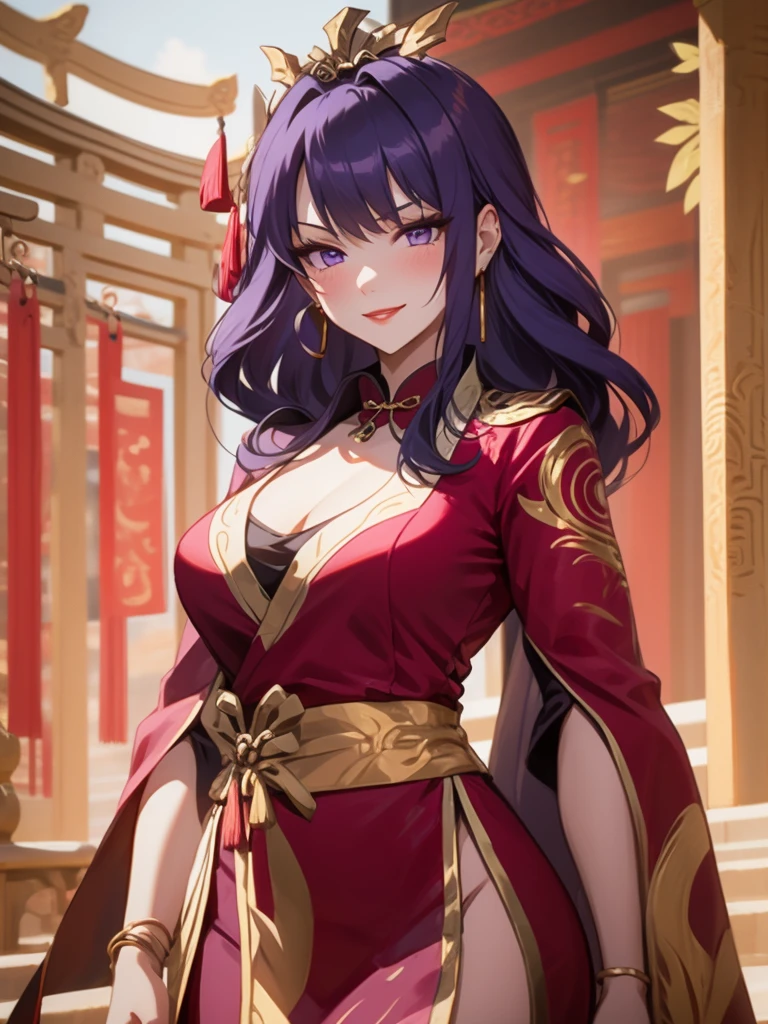 score_9, score_8_up, score_7_up, score_6_up, score_5_up, score_4_up, Raiden shogun, purple eyes, purple long hair, tied hair, hair in a bun, hairpin, traditional Chinese red wedding hanfu dress, Yourqipao Red Embroidery Chinese Xiuhe Hanfu Women's Satin Cheongsam Ancient Traditional Chinese Bride, Wedding Dress, Long Dresses, Long Earrings, Red Lipstick, Detailed Eyes, Traditional Wear, Sexy Attractive, Hot, Traditional, Smiling Wide, Happy, Blush, Gold Jewelry, Gold Earrings, Gold Headpiece and Ring, Gold Necklace, Gold Trimmed hanfu, beautiful bride.
