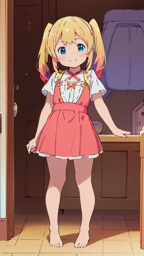((masterpiece))((Highest quality))girl、smile、blush、Flat Chest、Are thin、Blonde Hair、blush、Are standing、Whole body image、Eye level to the feet、front、No background、真frontのアングル、Blue clothes、Red and yellow two-tone hair、Twin tails、Red Alice outfit