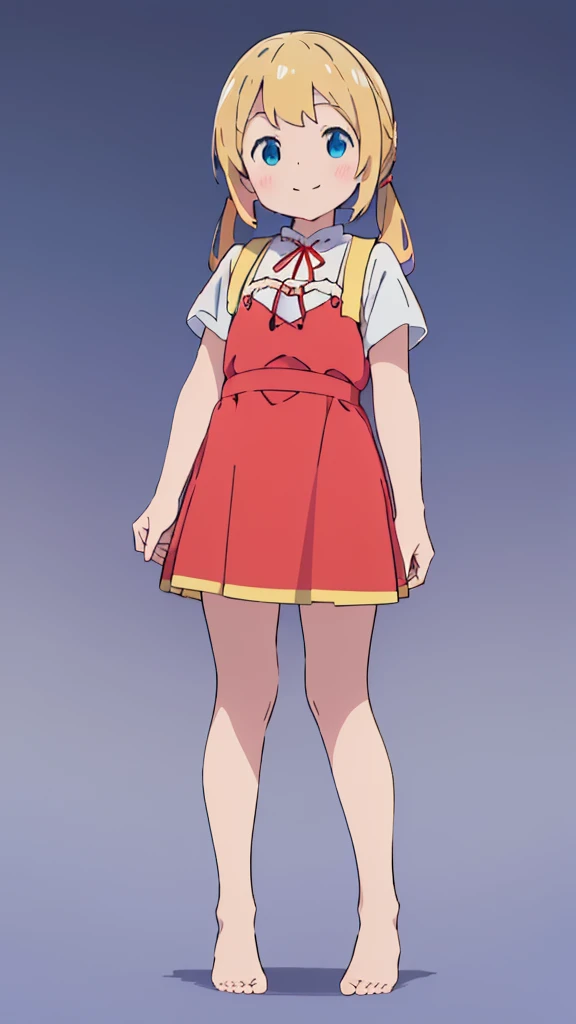 ((masterpiece))((Highest quality))girl、smile、blush、Flat Chest、Are thin、Blonde Hair、blush、Are standing、Whole body image、Eye level to the feet、front、No background、真frontのアングル、Blue clothes、Red and yellow two-tone hair、Twin tails、Red Alice outfit