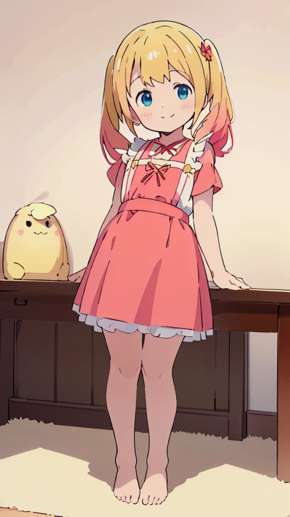 ((masterpiece))((Highest quality))girl、smile、blush、Flat Chest、Are thin、Blonde Hair、blush、Are standing、Whole body image、Eye level to the feet、front、No background、真frontのアングル、Blue clothes、Red and yellow two-tone hair、Twin tails、Red Alice outfit